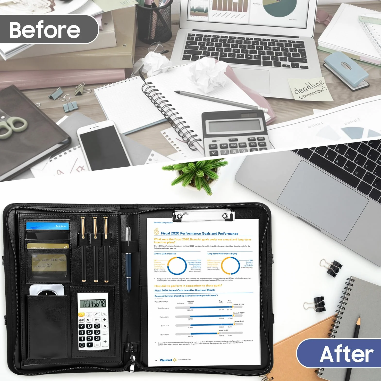 Cartella business in pelle vegana di alta qualità con chiusura lampo, organizer Padfolio per donna e uomo, mappa con scomparto per carte, blocco per appunti e scomparto per carte per affari, scuola e