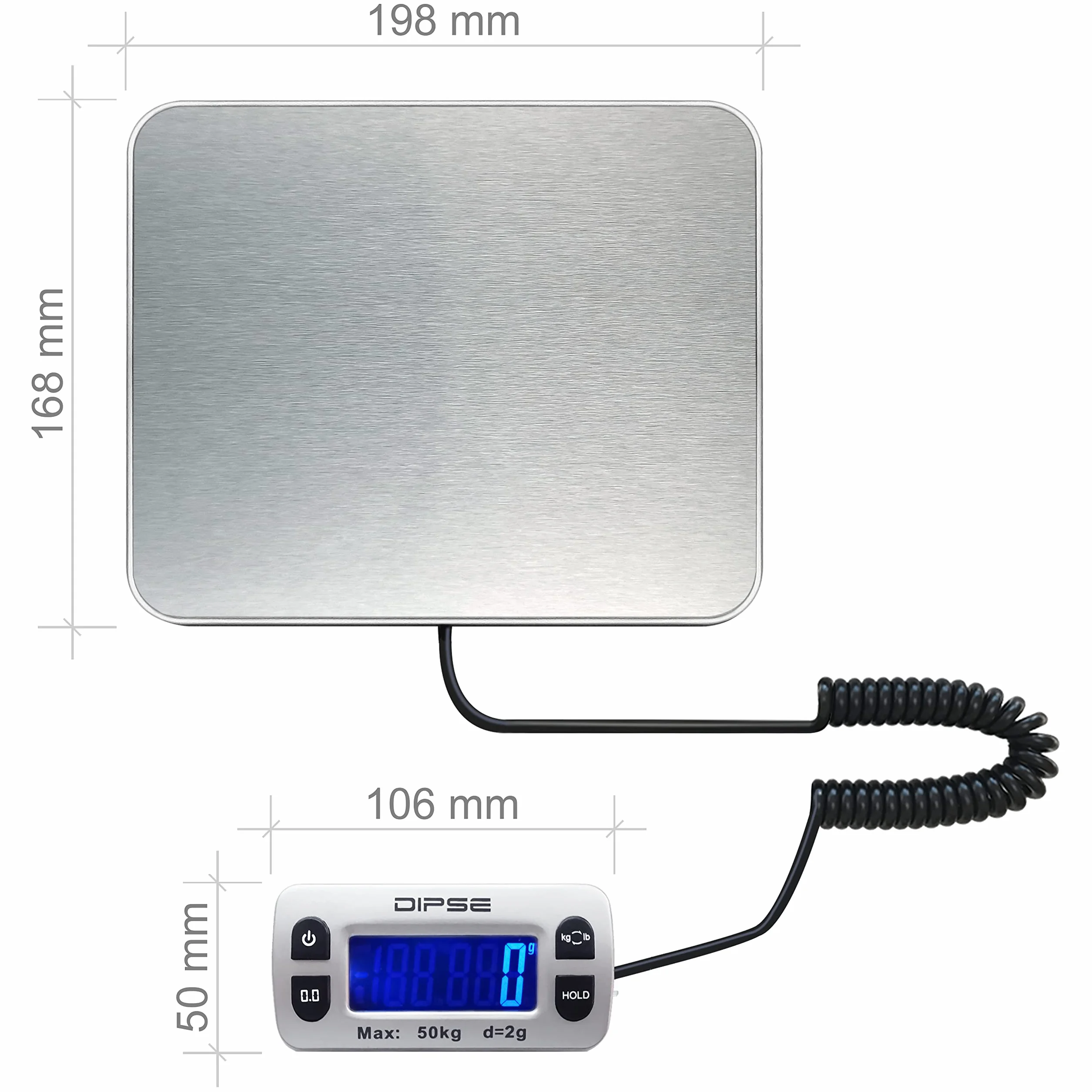DIPSE Parcel Mini - Bilancia per pacchi, con display esterno e grande capacità di pesatura 50kg x 0,002kg