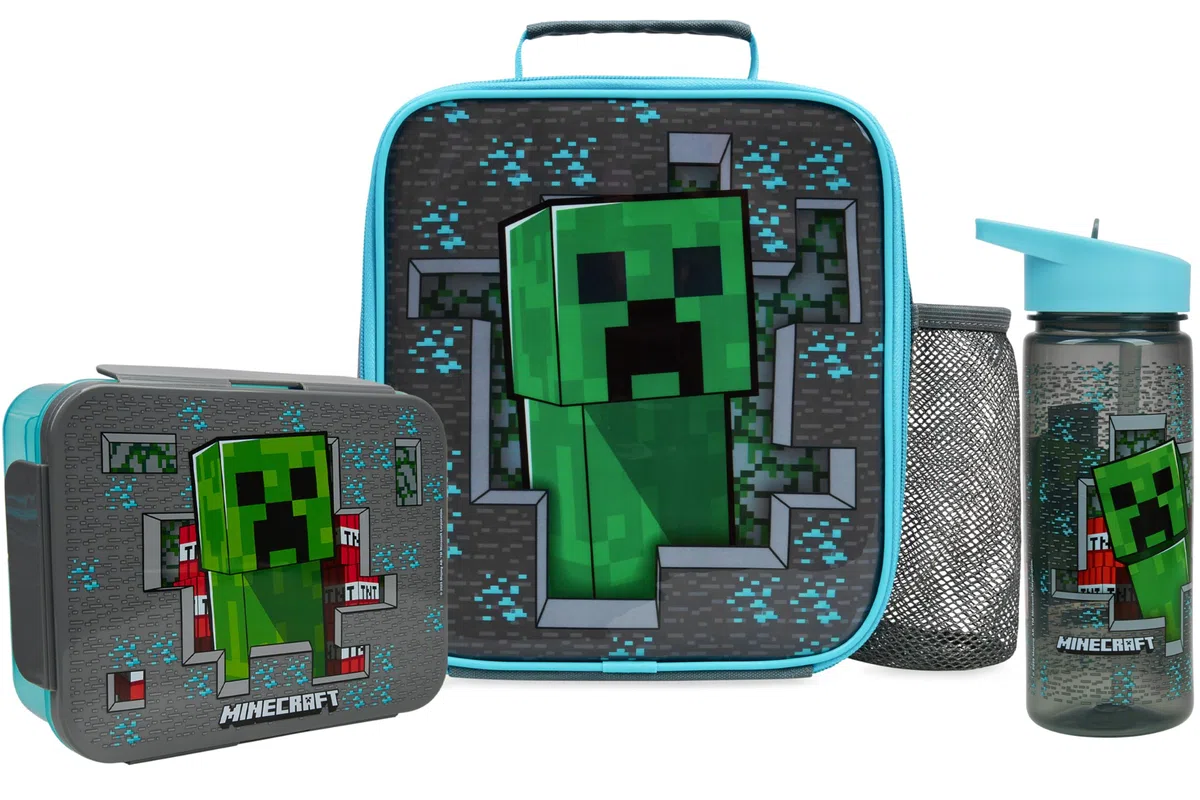 Get Trend Minecraft Borraccia, Borsa Porta Pranzo e Porta Merenda Bambini, 3Pz Set, Materiale Scolastico, Portamerenda BPA Gratuito, A Prova di Perdite (Multi Minecraft)