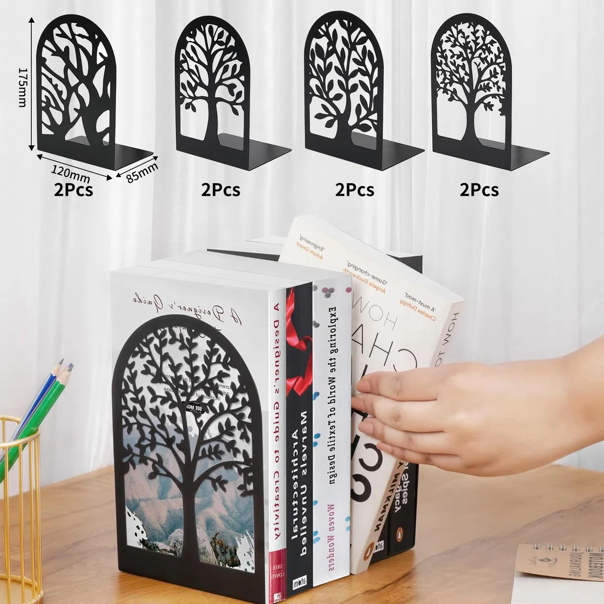 8 fermalibri in metallo nero, con motivo ad albero, fermalibri, in organza, con fermaporta antiscivolo, bordi arrotondati per scuola, casa, ufficio