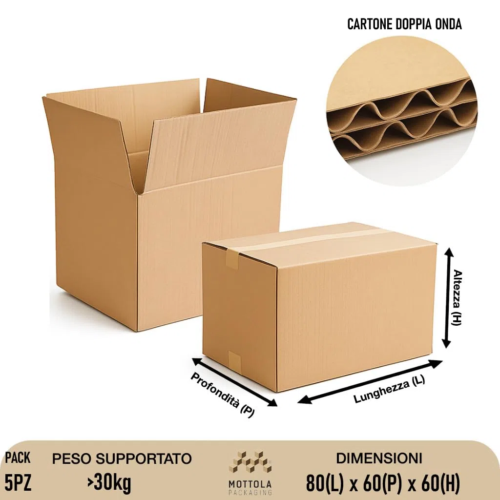 5 Scatole per Trasloco Cartone Doppia Onda 80x60x60 cm (5 pz) - Scatole Cartone Trasloco Resistenti fino a 30kg - Imballaggi per Spedizioni, Stoccaggio, Archiviazione