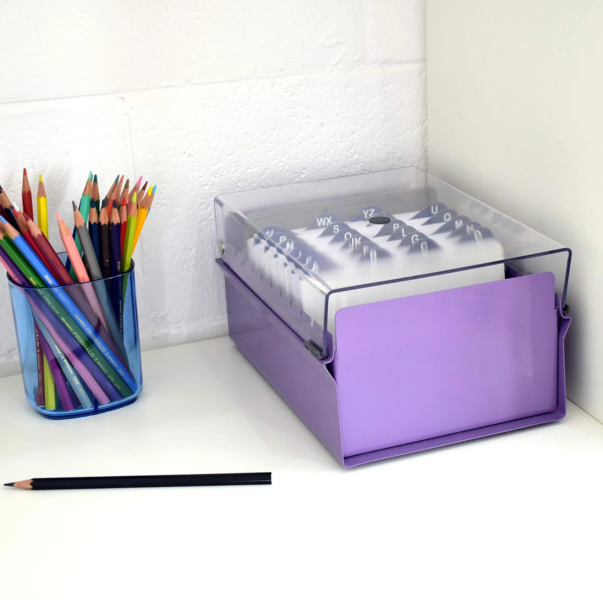 Acrimet Portacarte Organizzatore 4'' x 6’', Base in Metallo Resistente (Indice AZ e un Divisore di Plastica Include) (Base Viola con Coperchio Trasparente in Plastica)