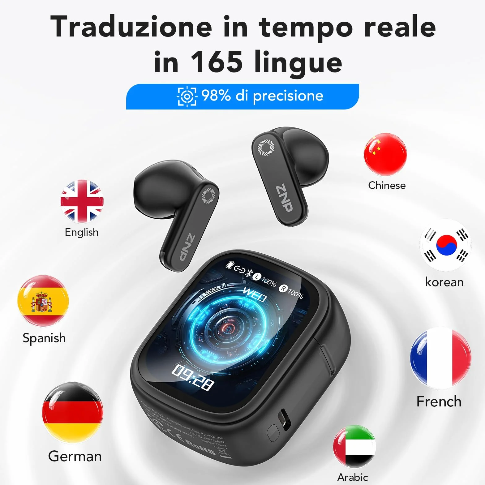N02 Cuffie Traduzione Simultanea, 4-1 AI Auricolari Traduttore Suono Hi-Fi, 165 Lingue e 9 Modalità, Autonomia 48 Ore, Auricolari Touchscreen, Bluetooth 6.0 Ideali per Viaggi, Affari e Studio