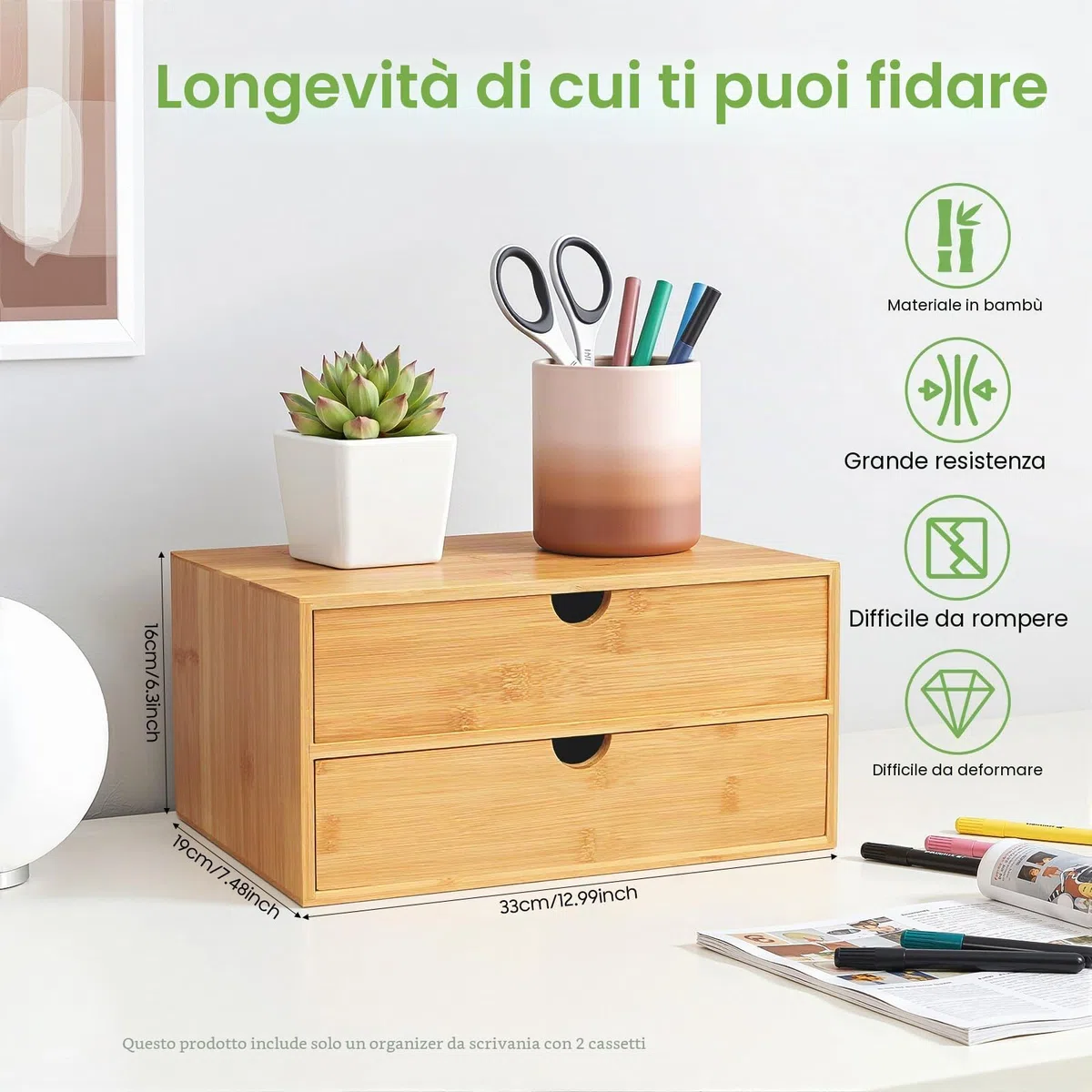 Organizzatore per Scrivania, Cassetto in Bambù Mini Cassettiera, Design Monopezzo, Scaffalatura per Trucco con 2 Cassetti per Ufficio, Soggiorno e Camera da Letto