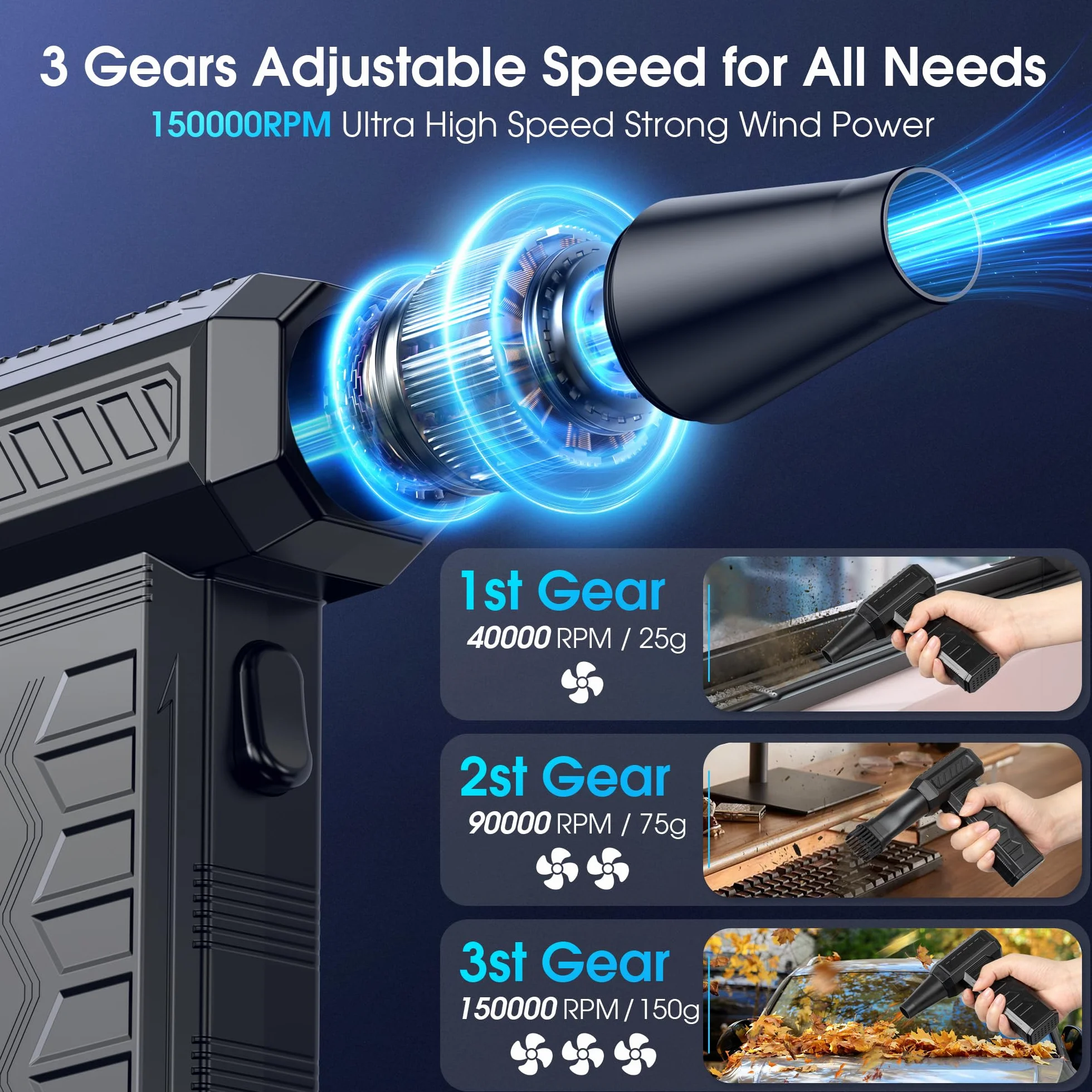 Aria Compressa Spray con Luce LED, 3 Velocità 150000 RPM Aria Compressa Elettrico, 6000 mAh Mini Soffiatore a Batteria Potente, Soffiatore Portatile per la Pulizia del PC,Divano,Tastiera,Auto