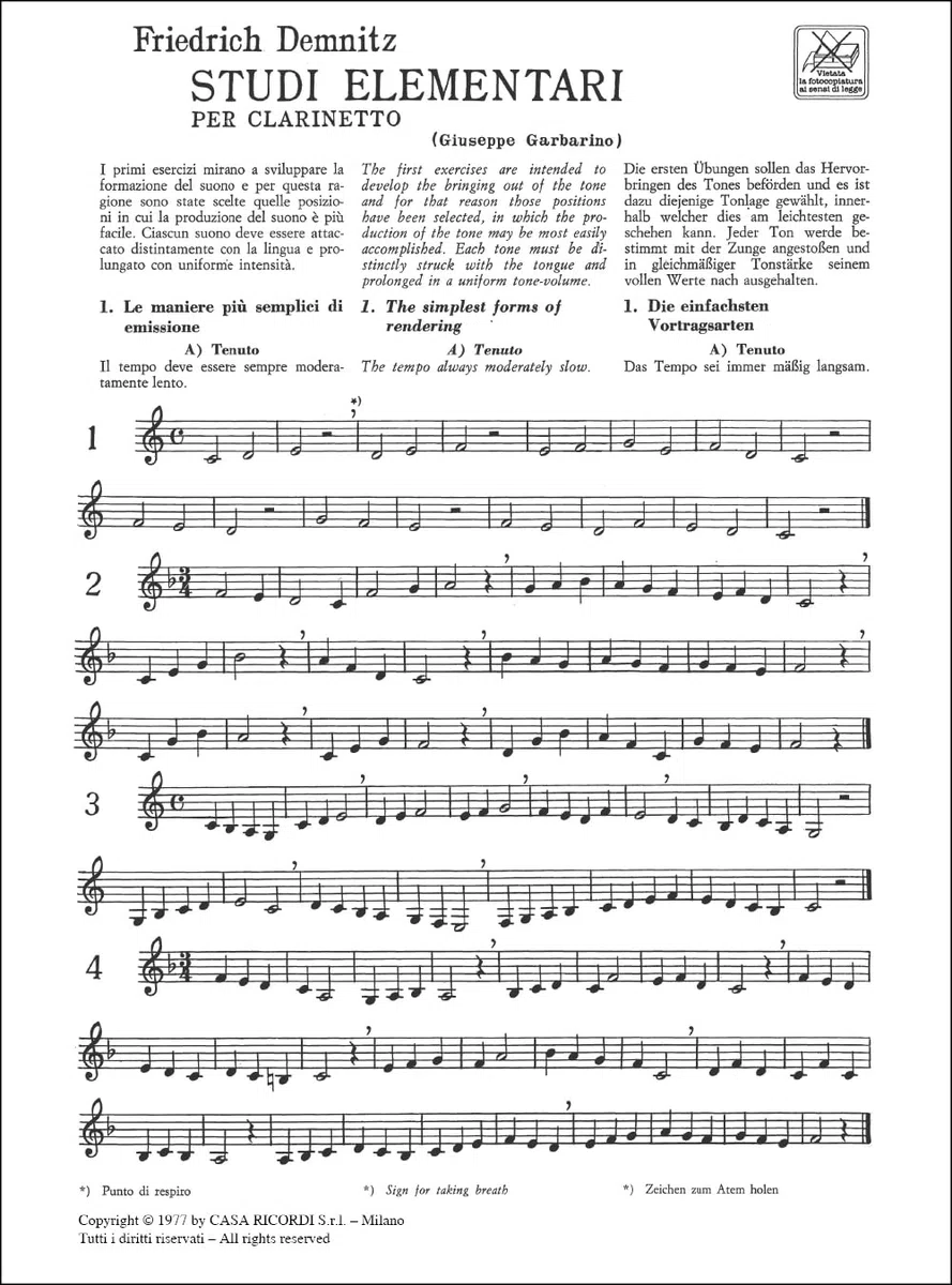 Demnitz Studi Elementari per Clarinetto | Metodo Base Progressivo con Esercizi Tecnici per Principianti | Spartito per Conservatorio, Scuola e Corso di Clarinetto | Idea Regalo per Clarinettisti