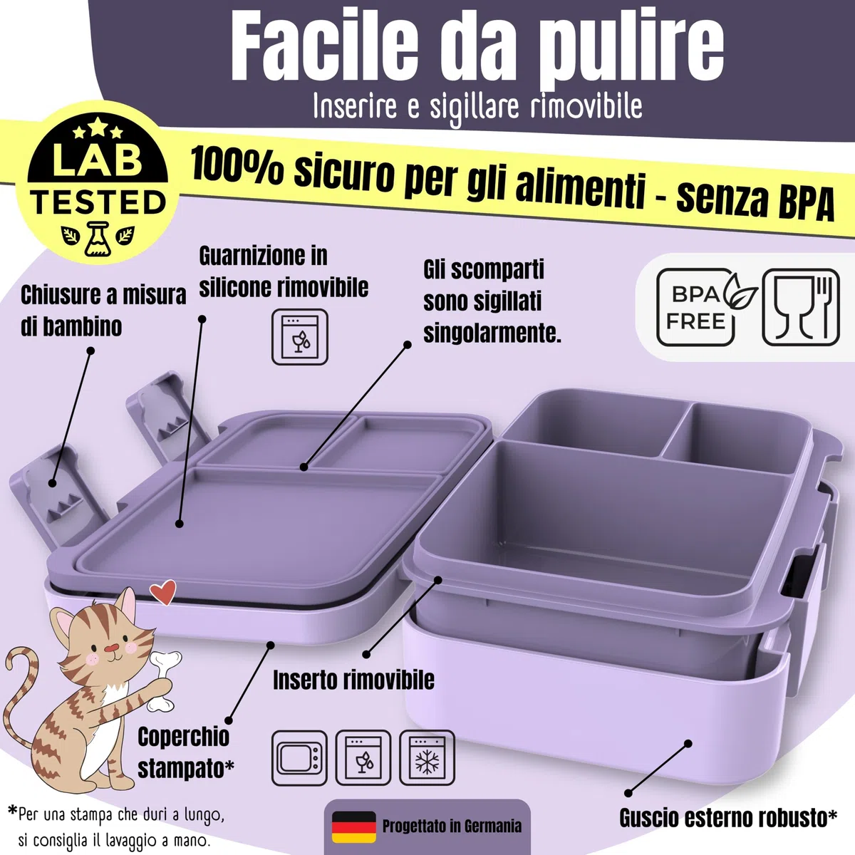 BEARFOOT – Porta Pranzo Bambini Compatta, Lunch Box Bento Box Senza BPA, Portamerenda Scuola con Scomparti, Leggera e Ermetica per Bambini e Bambine (Lama Viola, 650 ml)