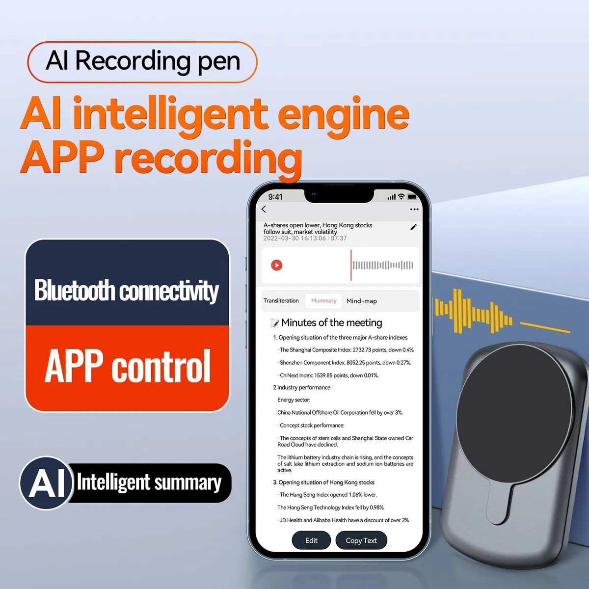 Bisofice Registratore vocale digitale AI 64 GB, supportato da ChatGPT Supporta 60 lingue, trascrizione e traduzione in tempo reale, motore STT intelligente