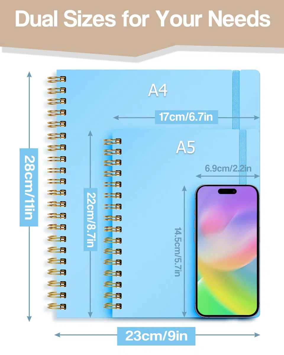 Taccuino A5 con Separatori - Carta 100g/m² Anti-Trasparenza, 300 Pagine, Copertina Rigida in PVC, Rilegatura a Spirale per Scuola, Ufficio e Regali