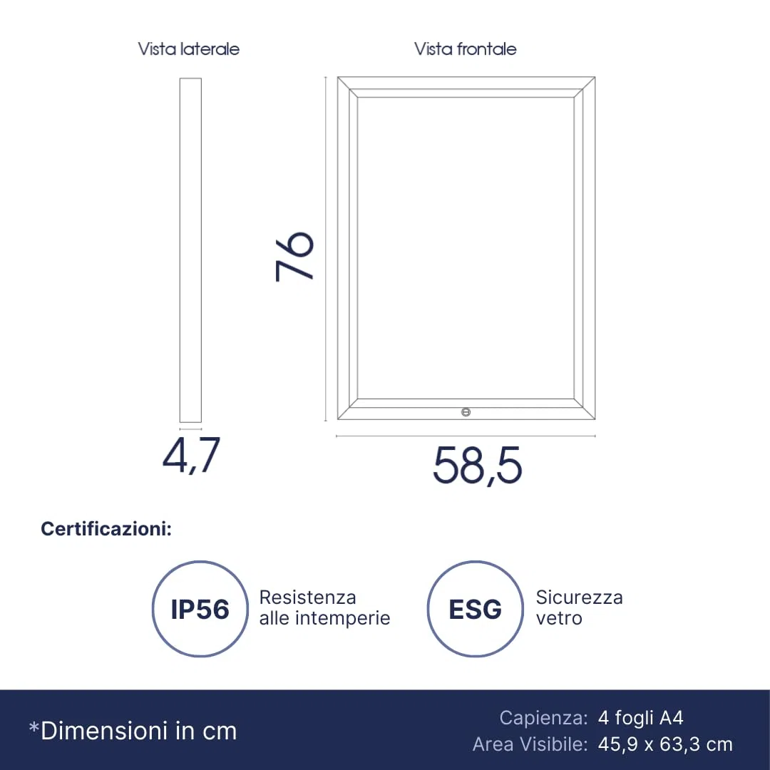 Danieli | Bacheca Certificata per Esterno 50x70 IP56, Vetro di Sicurezza, Ermetica e Antincendio |In Alluminio Colore Antracite, Magnetica con 2 Chiavi | Per Muri e Ringhiere (4xA4)