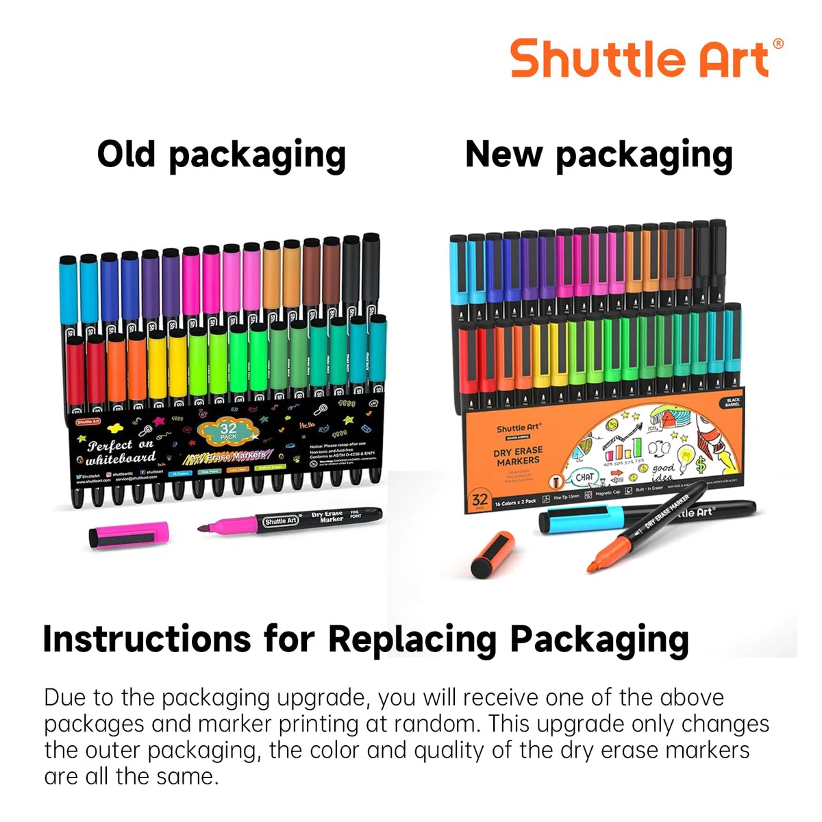 Shuttle Art Confezione da 32 Pennarelli Lavagna Bianca Cancellabile, 16 colori magnetici per lavagna bianca, pennarelli per cancellare a secco con gomma, ufficio, casa