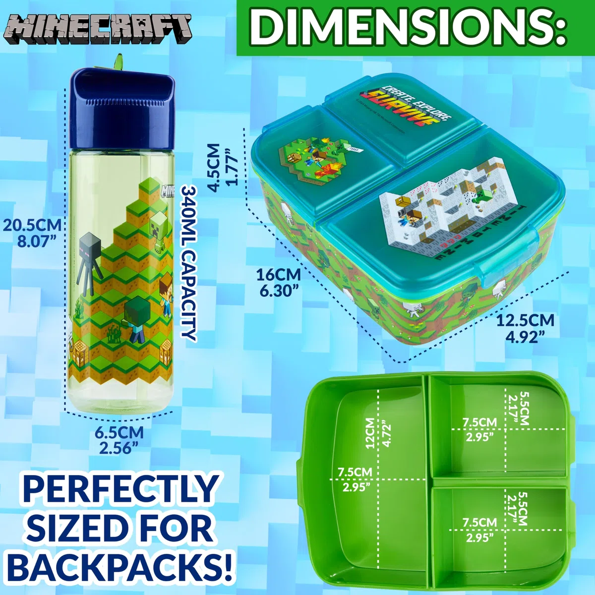 Minecraft Porta Merenda Bambino con Scomparti e Borraccia per Scuola e Gite