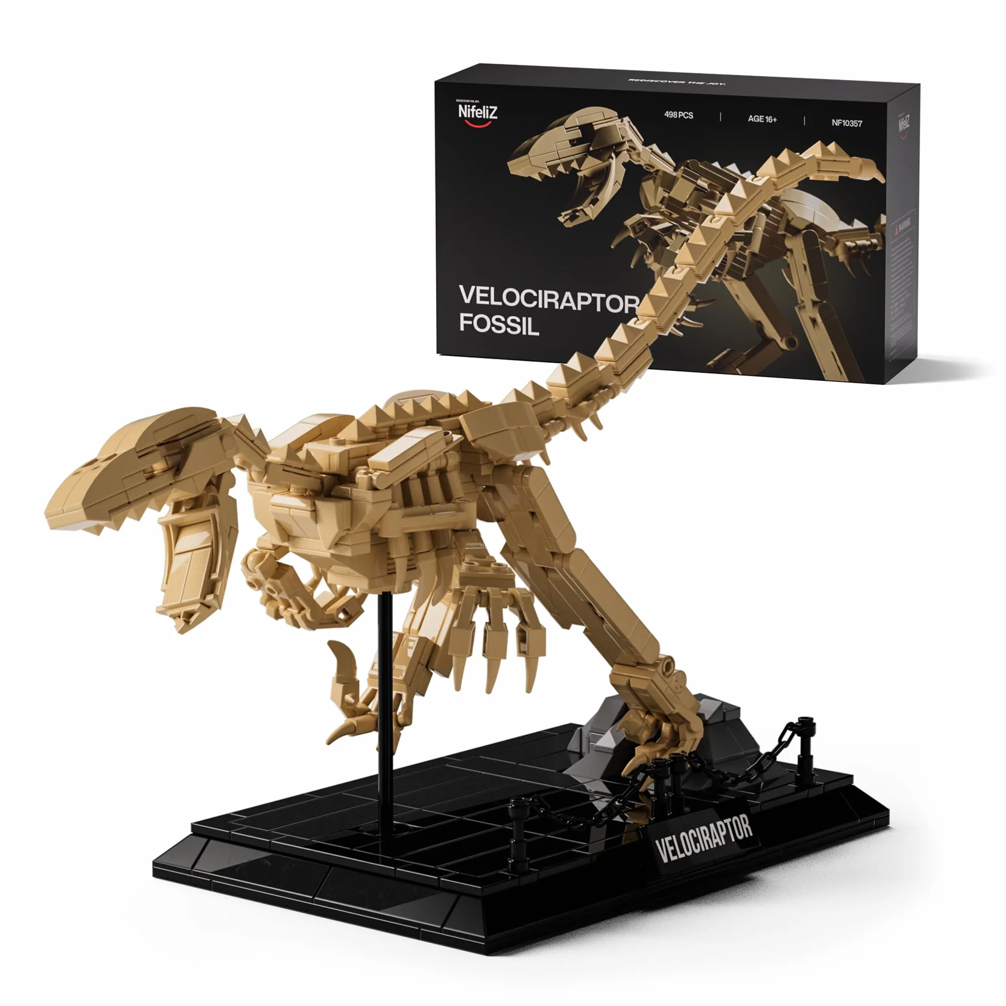 Nifeliz Kit de Modello Fossile Velociraptor, Set Scheletro Dinosauro con Base Espositiva per Adulti, Regalo da Collezione per Appassionati di Dinosauri (498 Pezzi, NF10357)