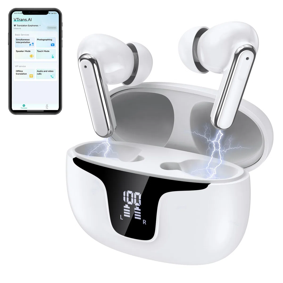 Gueray Auricolari Traduttore AI con App, Bluetooth 5.4 Cuffie Traduzione per iOS & Android, 6 Modalità & 112 Lingue Traduzione in Tempo Reale -Ideale per l'apprendimento, i Viaggi e Gli Affari