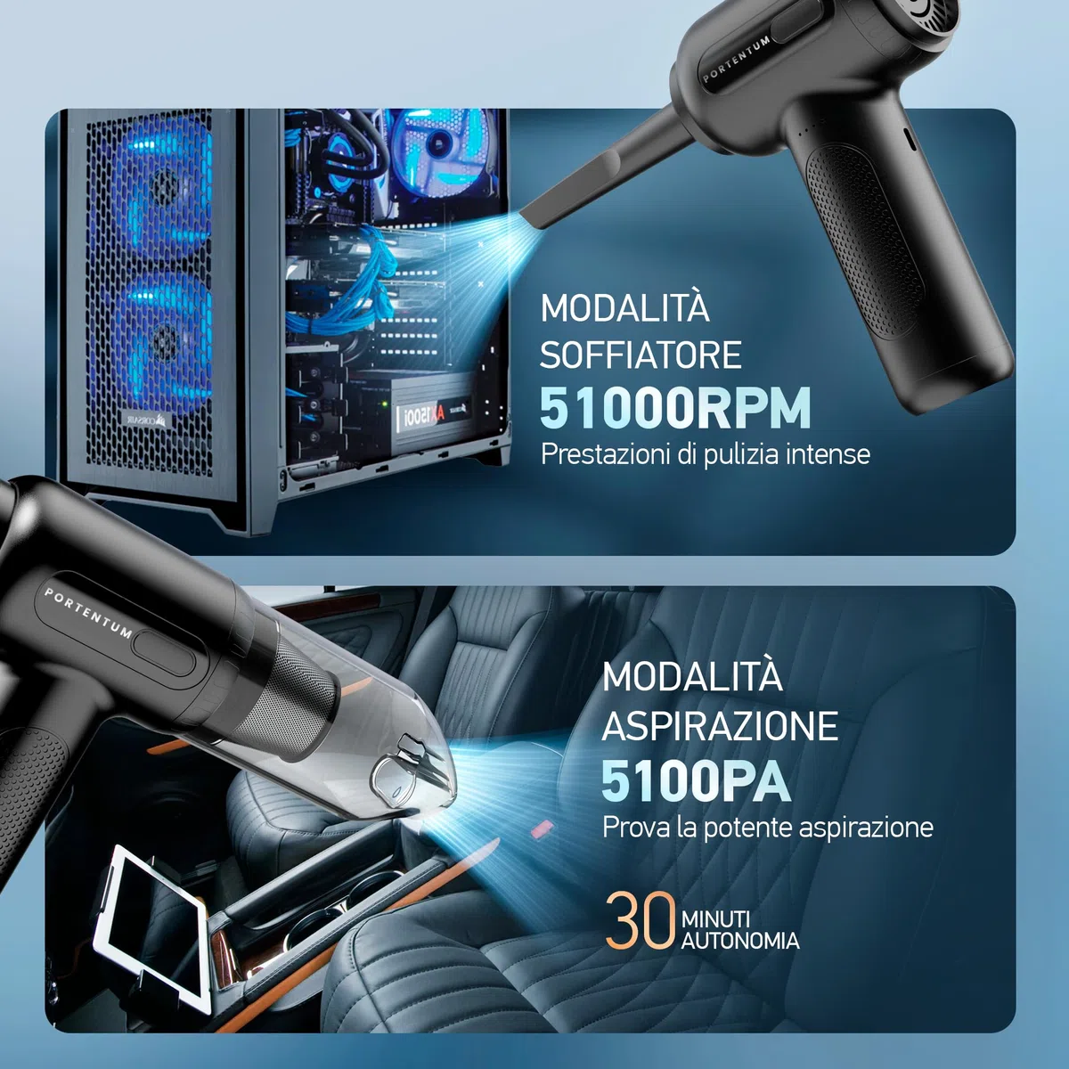 PORTENTUM® 2 in 1 Aspirapolvere Senza Fili et Aria Compressa - Batteria, 3 Velocità e Luce a LED - Aspirapolvere auto, Tastiera, PC, Casa, Auto