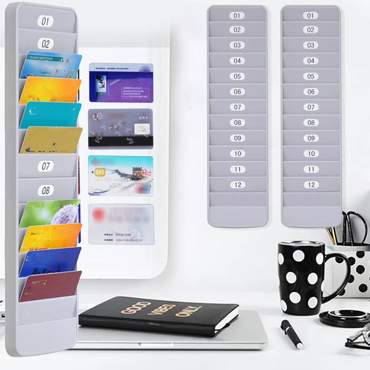 Supporto Da Parete per Carte Dipendenti, Porta Tessere Da Parete 12 Slot, Appendere Organizer per Registratore Di Presenze, Plastica, per Ufficio e Famiglia (Grigio-Bianco)