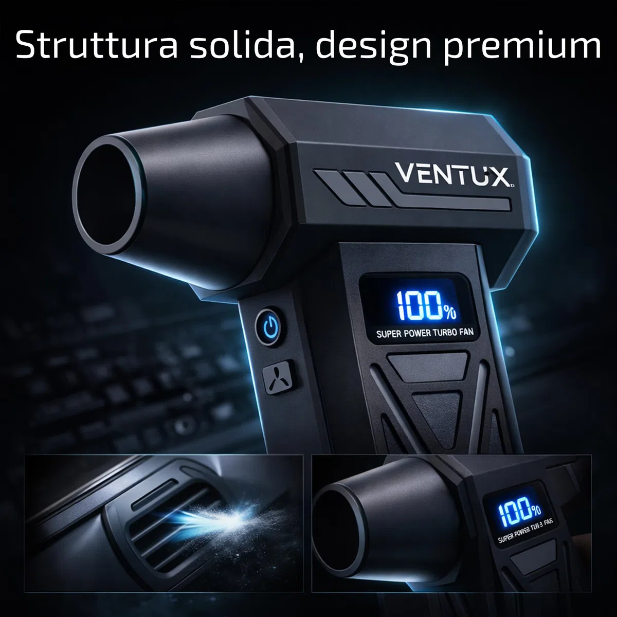 Soffiatore d’Aria Portatile a Batteria AeroBoost P70 – 110W | 4 Velocità, Display LCD, LED, 2000mAh | Mini Air Blower per Polvere, Tastiere, Auto, PC – Ventux Gear