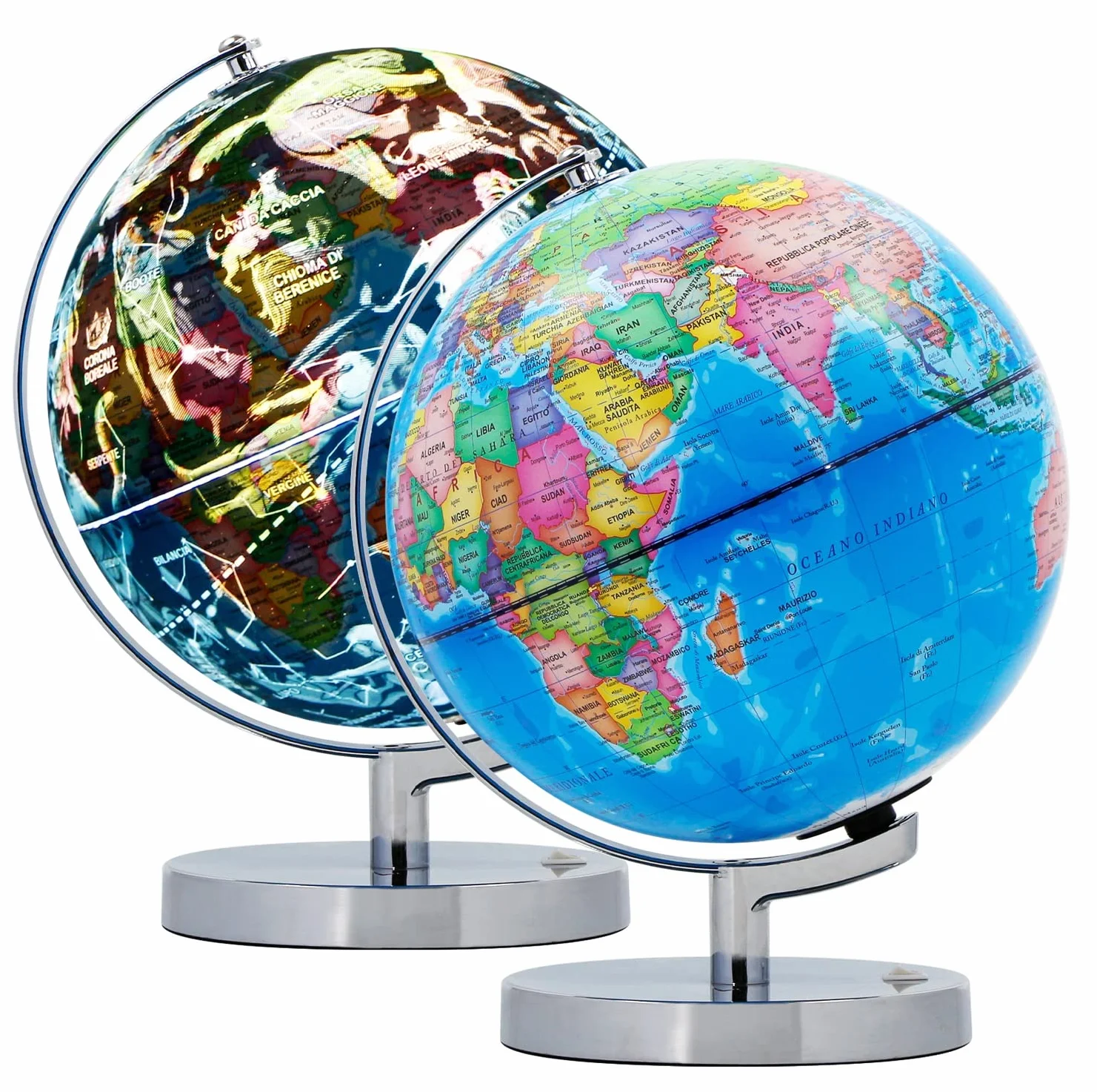 Exerz Mappamondo Illuminato 23cm Mappa Italiana Supporto Metallo LED | Modalità giorno notte con costellazioni senza fili per studio cameretta ufficio bambini dagli 8 anni e regali