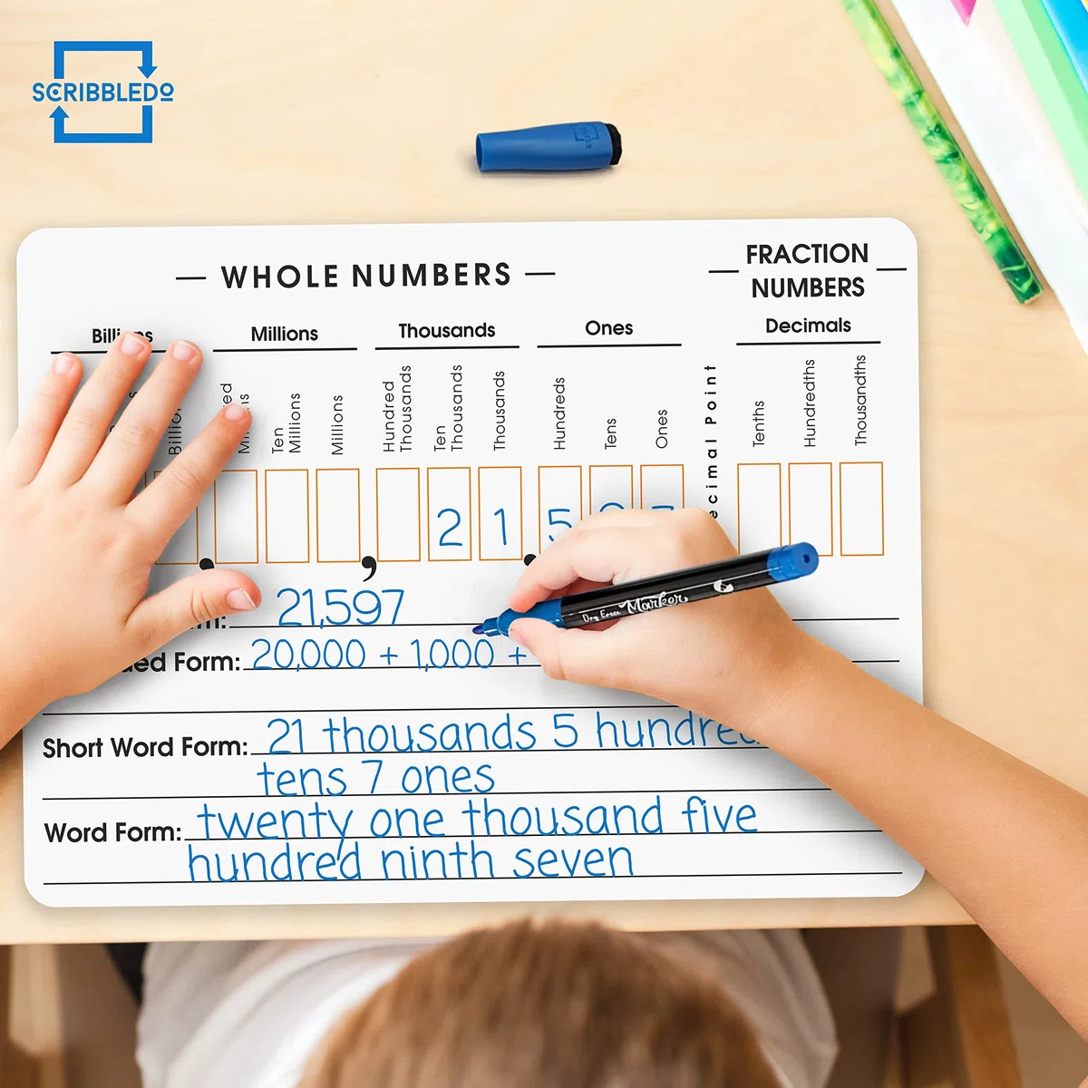 SCRIBBLEDO Place Value Board 22,9 x 30,5 cm Lavagna a doppia faccia cancellabile a secco per bambini per insegnare valori di luogo da miliardi a numeri decimali, lapboard manipolativo per matematica,