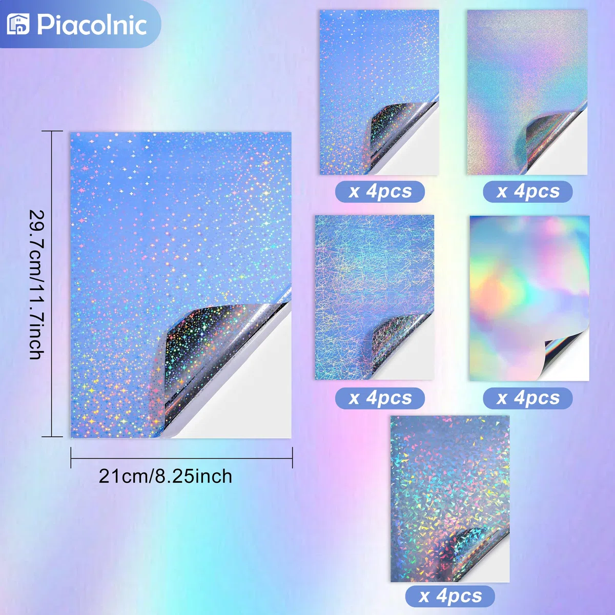 20 Carta Adesiva in Vinile Stampabile, 5 stili A4 Carta Adesiva Olografica Autoadesiva Pellicola Olografica Holographic Sheet Compatibile con Stampante a Getto d'Inchiostro/Laser per Fai Da Te