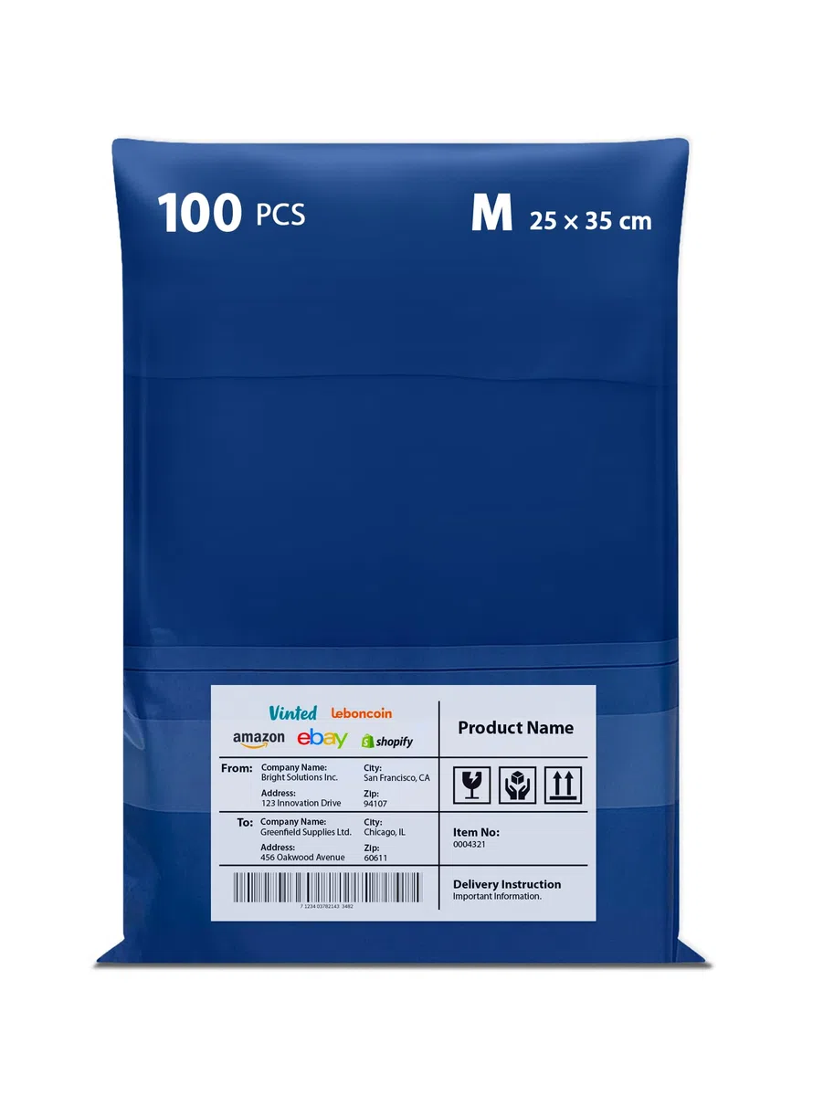 Buste in plastica per spedizioni con sacchetto incorporato, confezione da 100 sacchetti in vinile, 25 x 35 cm, confezione resistente in polietilene, chiusura autoadesiva, blu (blu100 m)