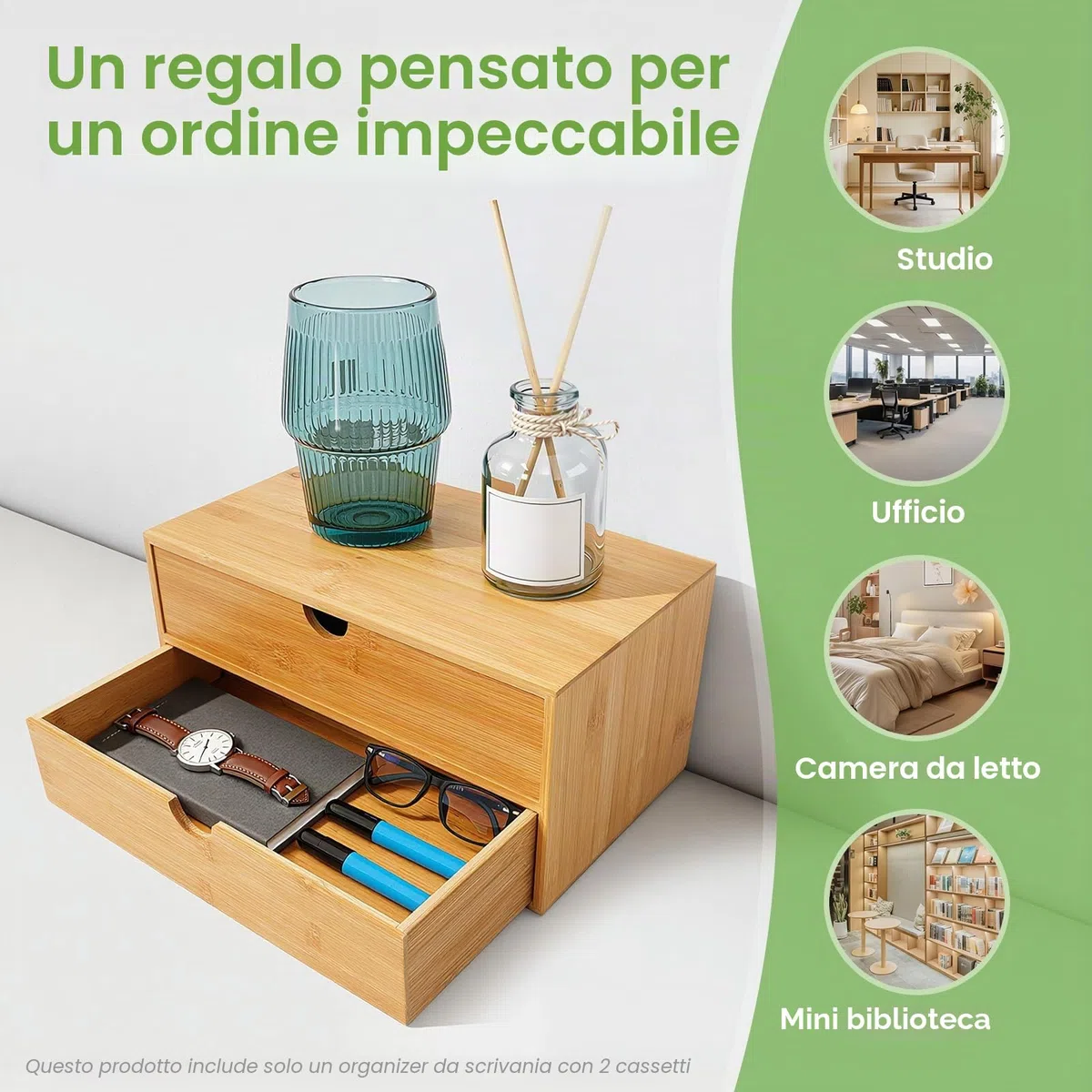 Organizzatore per Scrivania, Cassetto in Bambù Mini Cassettiera, Design Monopezzo, Scaffalatura per Trucco con 2 Cassetti per Ufficio, Soggiorno e Camera da Letto