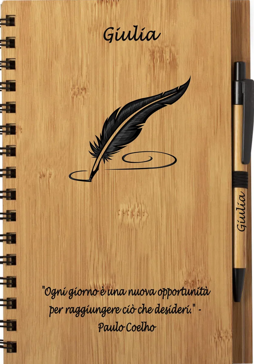 Taccuino Agenda e Penna Personalizzate a Sfera Legno Bambu' con Incisione Carta Riciclata Nome Regalo Laurea Comunione Compleanno con Scatola Bomboniera per Cerimonia Regalo Maestra Natale