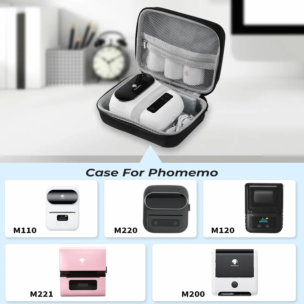 Phomemo Borsa per stampante, borsa portatile per stampante M221/M220/M110/M120/M200/M04S/M04AS, resistente agli urti, impermeabile, per stampante con nastro, con tasca a rete per accessori (nero)