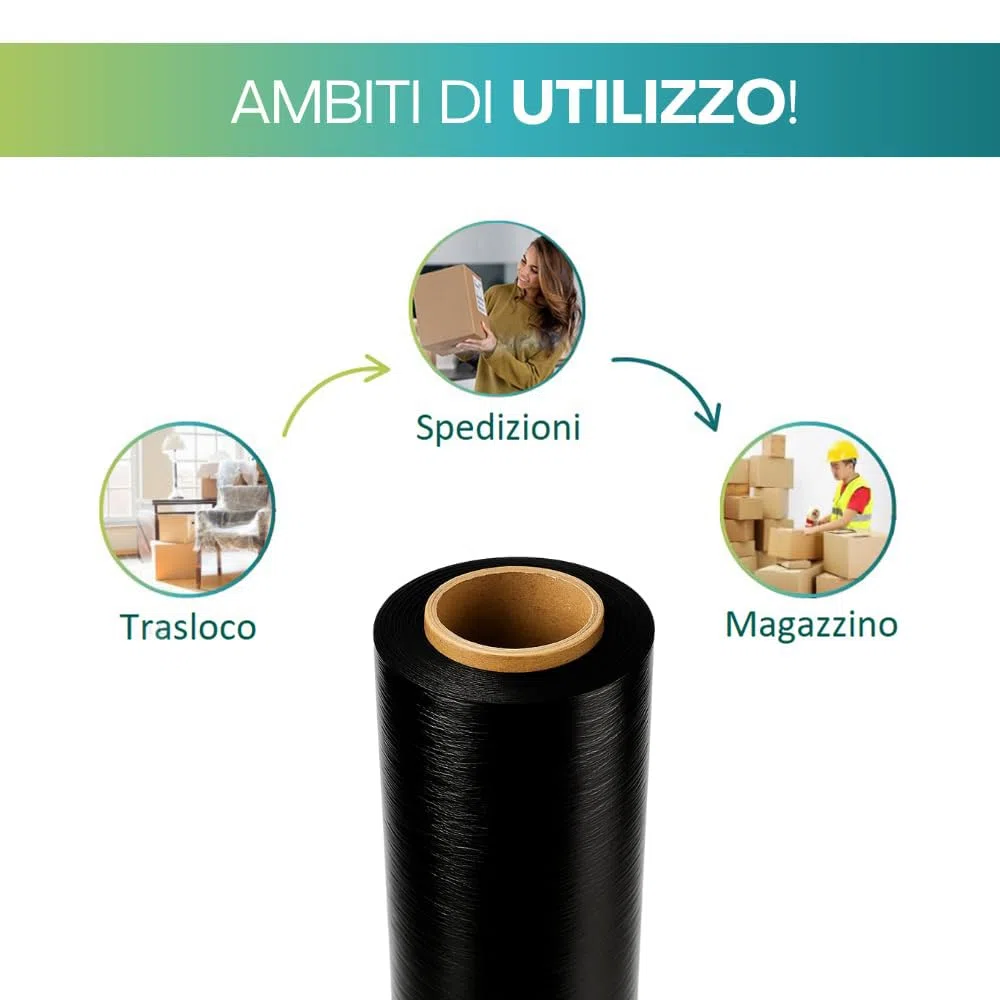 Pellicola 6 Rotoli Film Estensibile Nero Manuale, Spessore 23mycron, Bobina di Estensibile per Imballaggio, peso 2,4kg, di Altezza 500mm