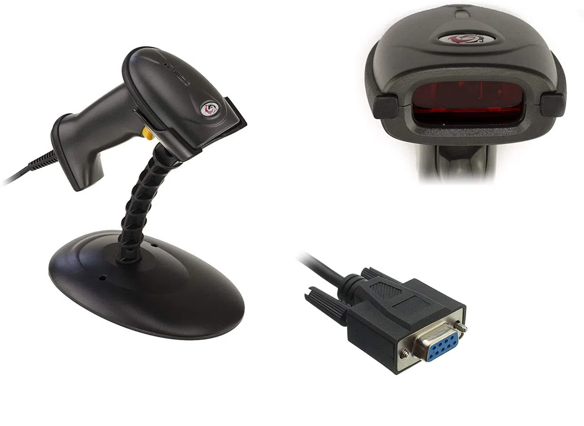 KALEA-INFORMATIQUE Scanner laser portatile per codici a barre. Con portale a mani libere, connessione seriale RS232 DB9. Per EAN, Codice 39, Codabar, Codice 128 ecc...
