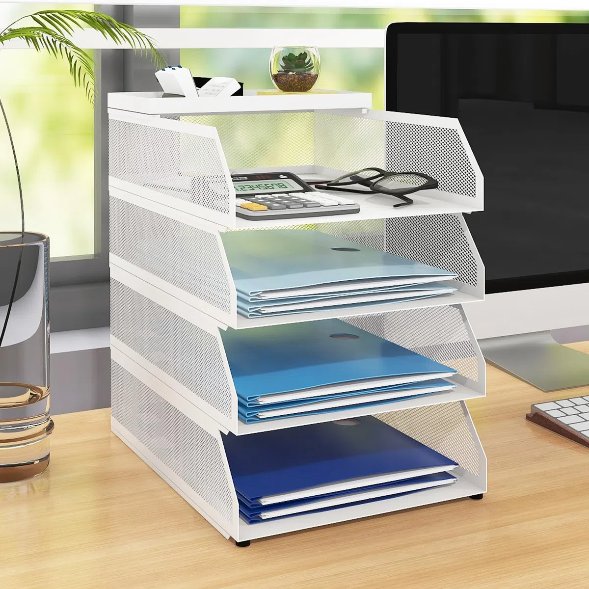 PUNCIA Vassoio per Lettere in Metallo a 4 Livelli Organizer da Scrivania per Ufficio Supporto da Scrivania per Accessori per Lettere di Carta 25x32x31,5CM per l'Ufficio Domestico e Scolastico(Bianco)