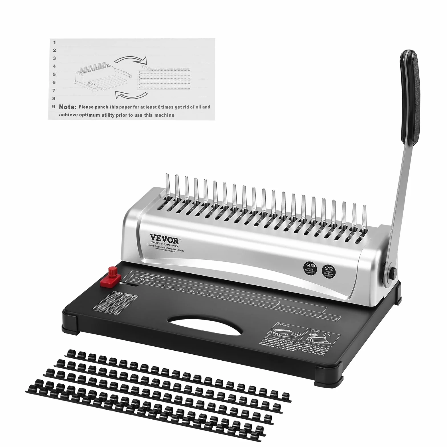 VEVOR Rilegatrice, Rilegatrice a pettine a 21 fori, 450 fogli, Rilegatrice con dorsi di rilegatura a pettine da 100 3/8'', per formato Lettera, A4, A5
