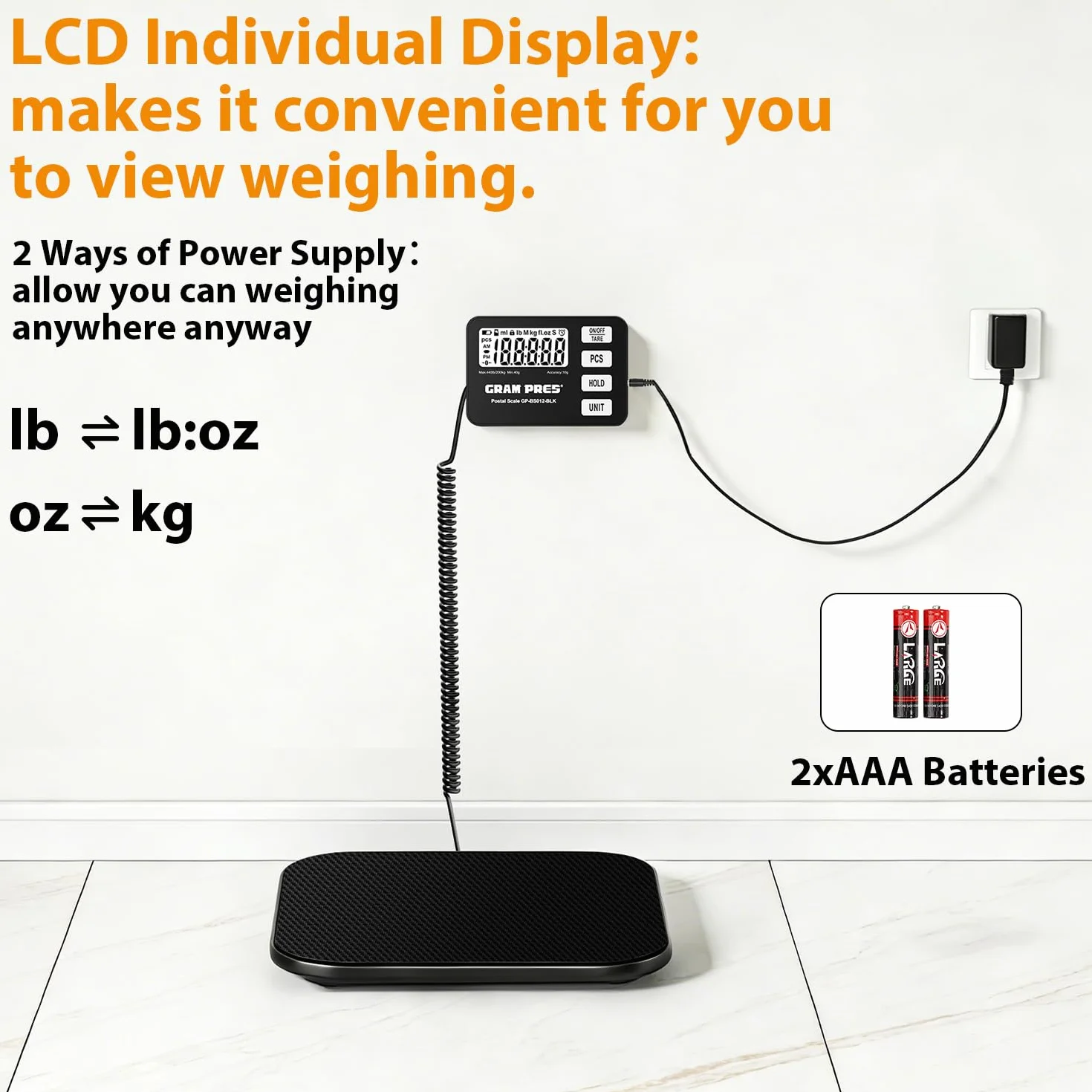 GRAM PRES Bilancia postale digitale da 200 kg/10g con display LCD, funzioni Hold/Tara/Pcs per pacchi/bagagli/ufficio postale/cani, batteria e cavo USB inclusi