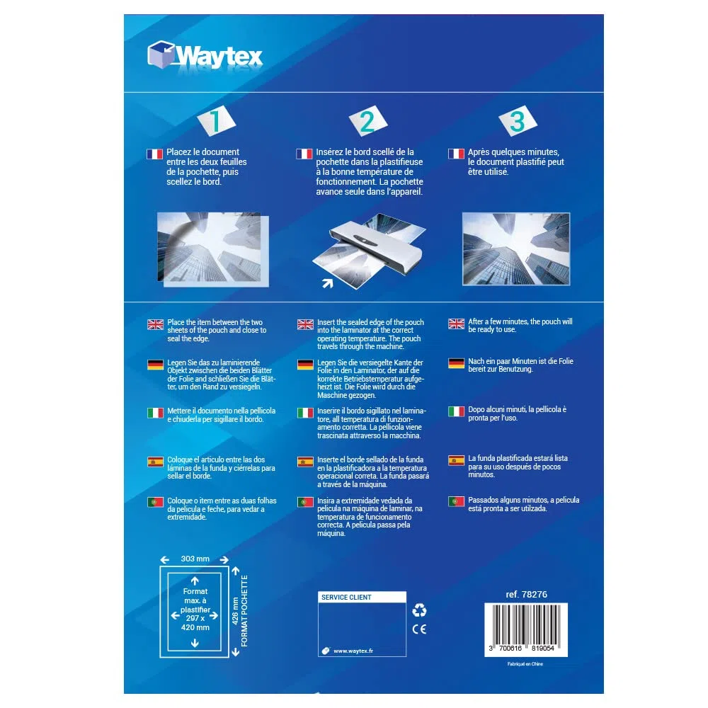 Waytex - Confezione da 100 fogli di plastificazione A3 75 micron, finitura lucida, trasparente