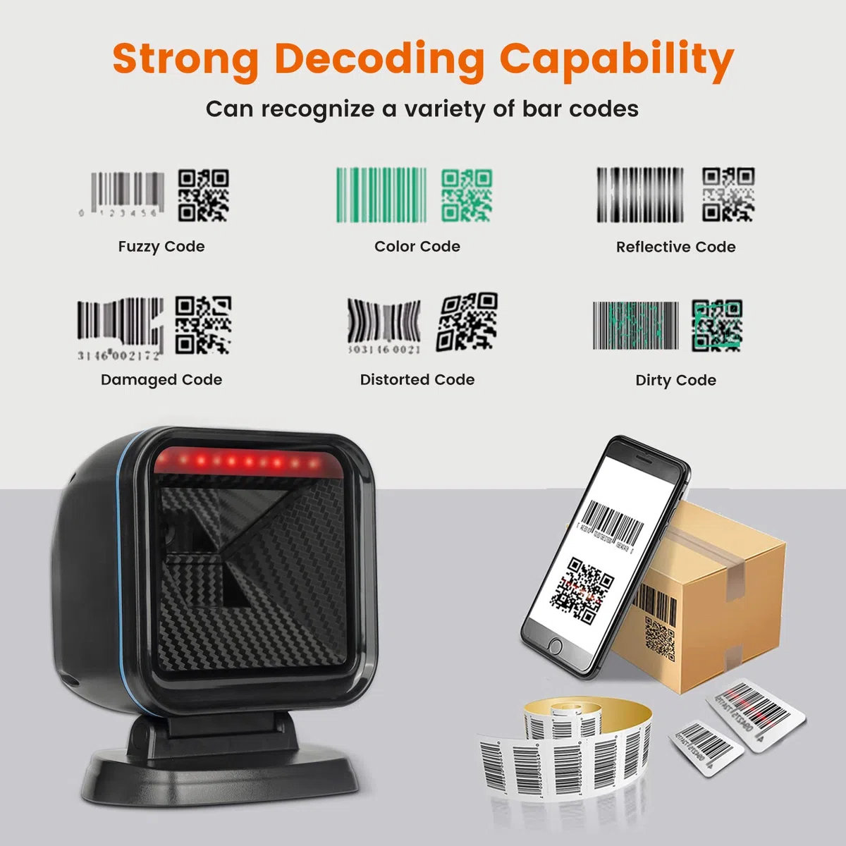 OBZ 2D Lettore Codice a Barre e Qrcode, 1D Lettore Barcode da Banco cavo USB Cablato Scanner di Codici a Barre da Tavolo Lettore QR Code e Barcode per PC Magazzino Supermercato Negozio POS