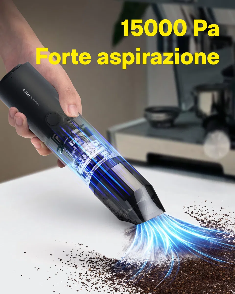 HOTO Aspirabriciole Senza Fili 15000pa, 4 in 1 Mini Aspirapolvere, Aspirazione, Soffiaggio, Gonfiaggio, Sigillamento Sottovuoto, Brushless, per Veicoli/Scrivanie/Tastiere/Macchine da Caffè Ecc