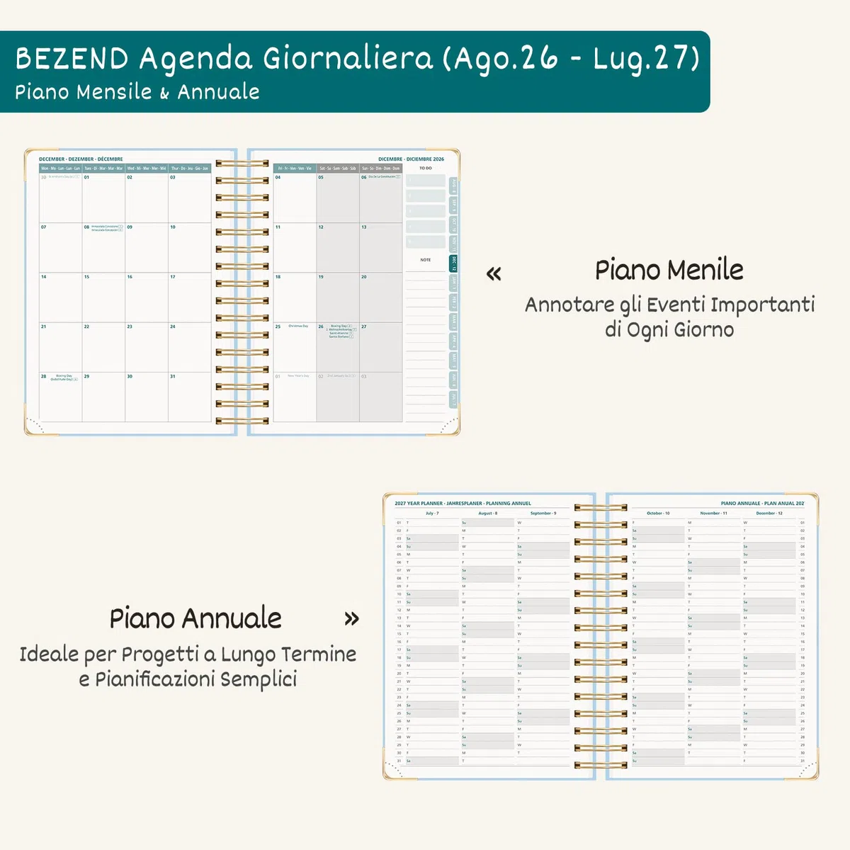 BEZEND Agenda 2026 2027 Giornaliera A5 Spirale, 12 Mesi da Ago.26 a Lug.27, Design Floreale, Diario Scuola 21 x 15,5 cm, Intervalli di 30 Minuti, Copertina Rigida, Grigio-blu