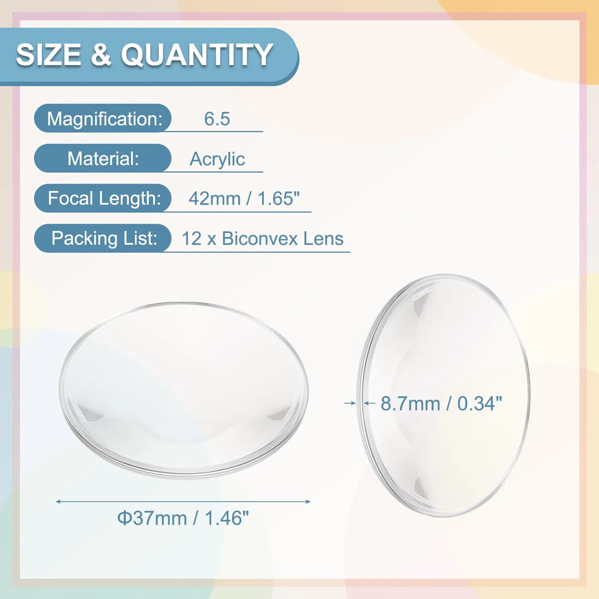 PATIKIL Confezione da 12 lenti biconvesse, diametro 37 mm, lunghezza focale 42 mm, lenti ottiche asferiche, fermacarte, in acrilico, doppia convessa, per fai da te, ufficio, scrivania, casa