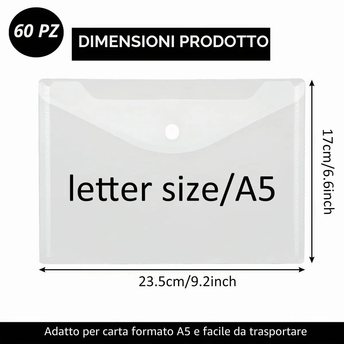 ASelected Set di 60 Busta Porta Documenti A5, Trasparente Cartelline Portadocumenti Plastica A5 Busta Con Bottone, Cartelle Porta Documenti - 235 x 170 mm