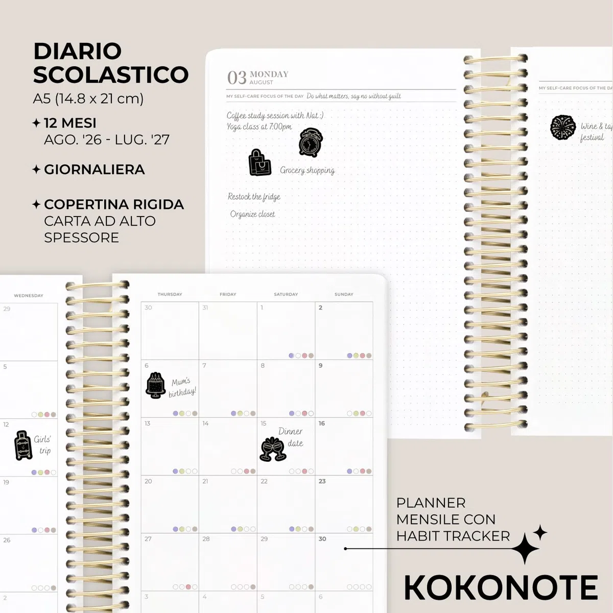 Kokonote Agenda Giornaliera 2026 2027 Seasonal Flowers - Diario Scuola 2026 2027 per Università e Scuola Superiore | Daily Planner con Copertina Rigida, Segnalibri, Stickers e Anelli Rinforzati