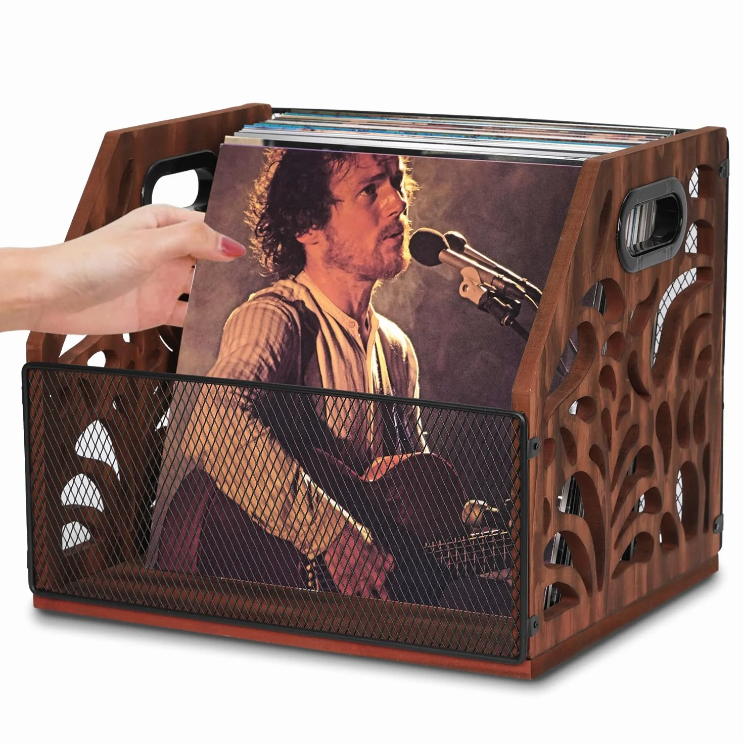 Supporto per dischi in vinile, vintage, in legno, per 70 LP, anche per album, riviste, libri, documenti, giornali