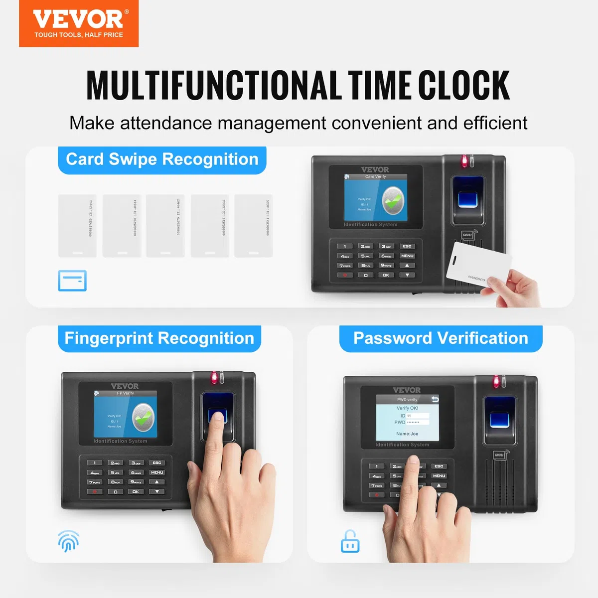 VEVOR Macchina Biometrica per Rilevazione delle Presenze dei Dipendenti, Impronta Digitale, Carte RFID, Immissione PIN in Uno, Orologio Biometrico Indipendente per Check-In, Montaggio a Parete, Nero