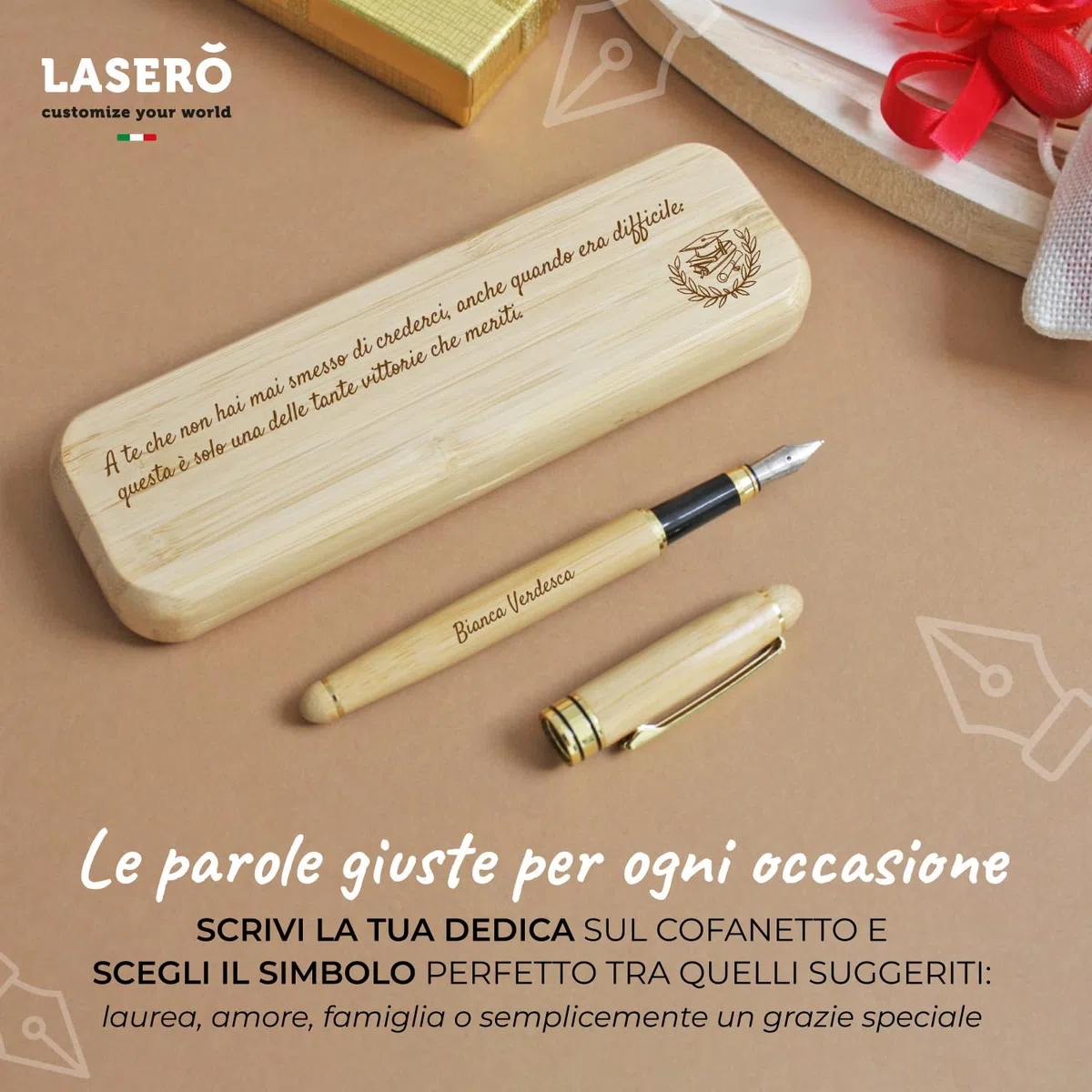 LASERO' Penna Stilografica Personalizzata in Legno con Astuccio – Penne Personalizzate con Scritta e Logo + Dedica sul Box - Regali Personalizzati
