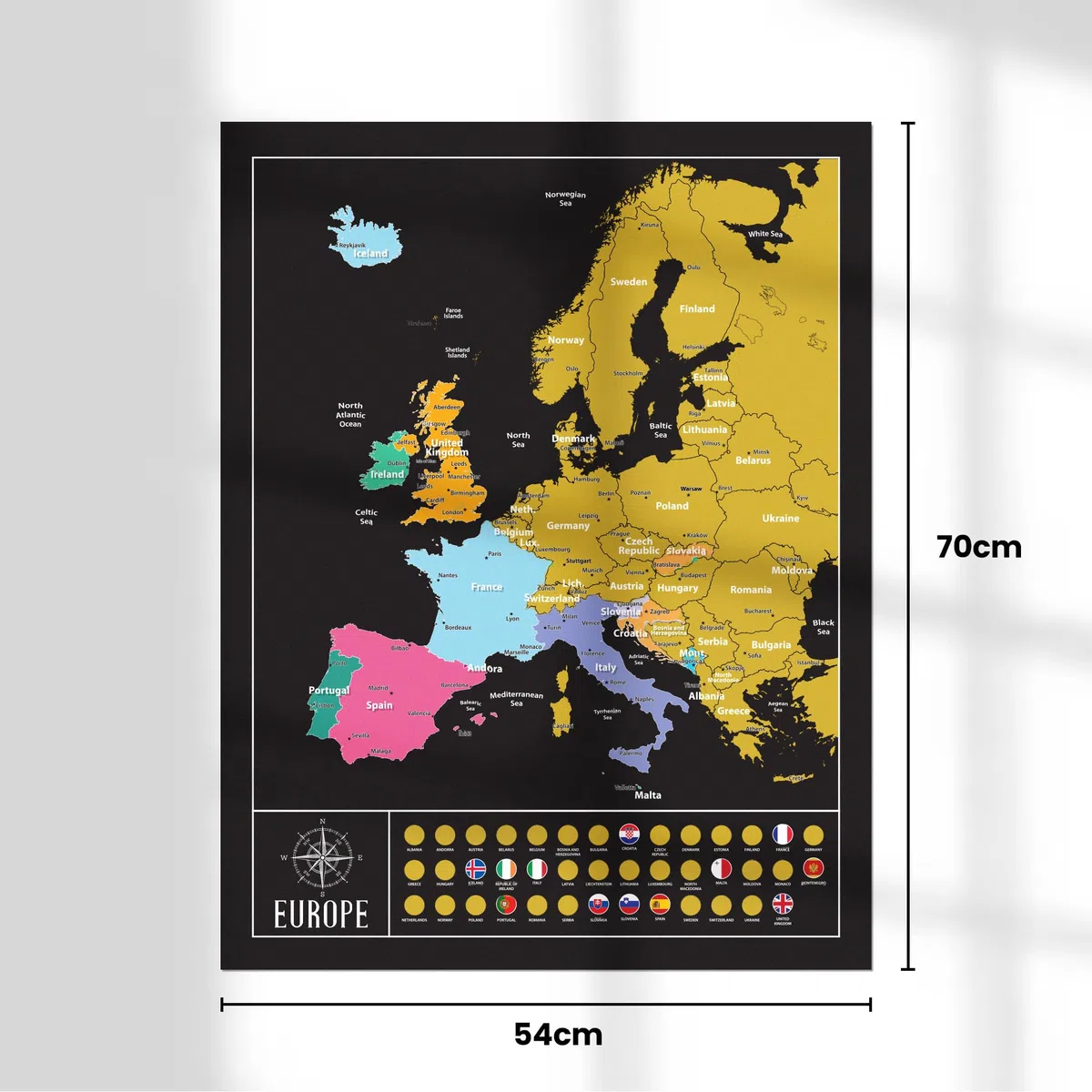 Gleneagles Scratch Off Europe Travel Tracker Poster - Black Gold Map with Scratch-Off Places 54x70 Adventure Map for Travellers Gift for Men & Women Bucket List