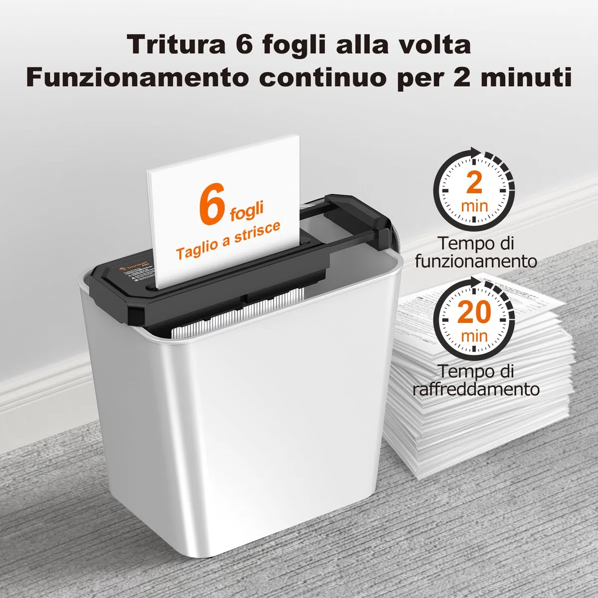 Bonsaii Tritadocumenti da 6 fogli, compatto per ufficio domestico; tritura carte di credito a strisce, P-2, design portatile con manico estendibile, S125-A