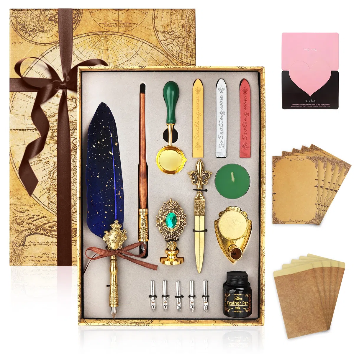 Set Inchiostro Penna Piuma,Penna a Immersione,Penna Calligrafica con Penna D'oca e Pennas di Legno,5 Pennini Ricambio,Portapenne,Timbro Sigillo,Inchiostro,Set di Scrittura per Idee Regalo