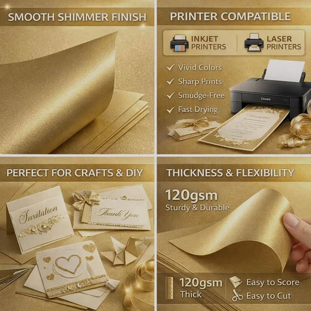Fogli di carta dorati, formato A4, perlati, 120 g/mq, doppio lato, adatti a stampanti laser e a getto d'inchiostro