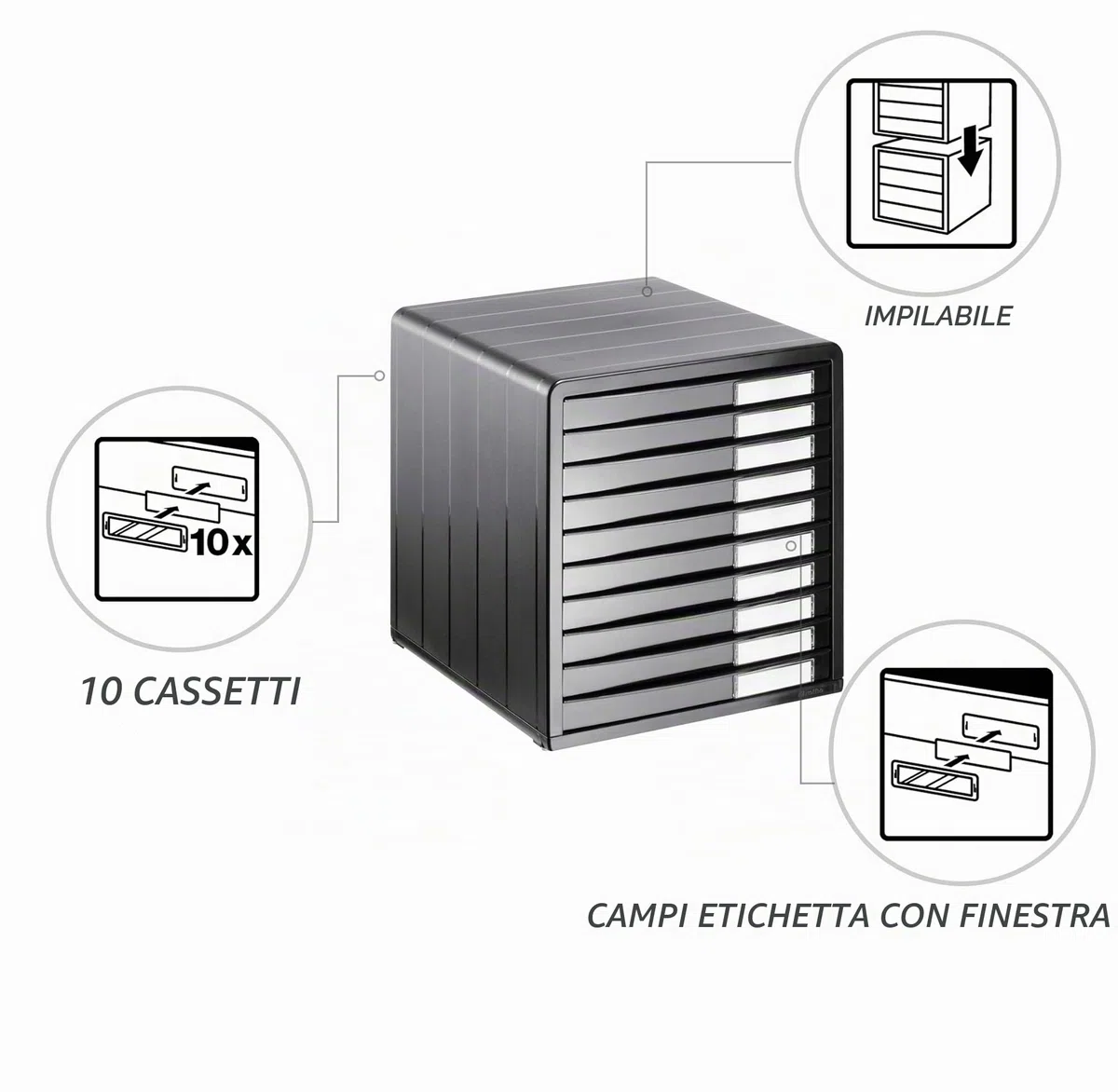 Rotho Timeless Cassettiera/Scatola da Ufficio con 10 Cassetti, Plastica (PS) senza BPA, Grigio (Antracite), 34.5 x 29.0 x 32.0 cm