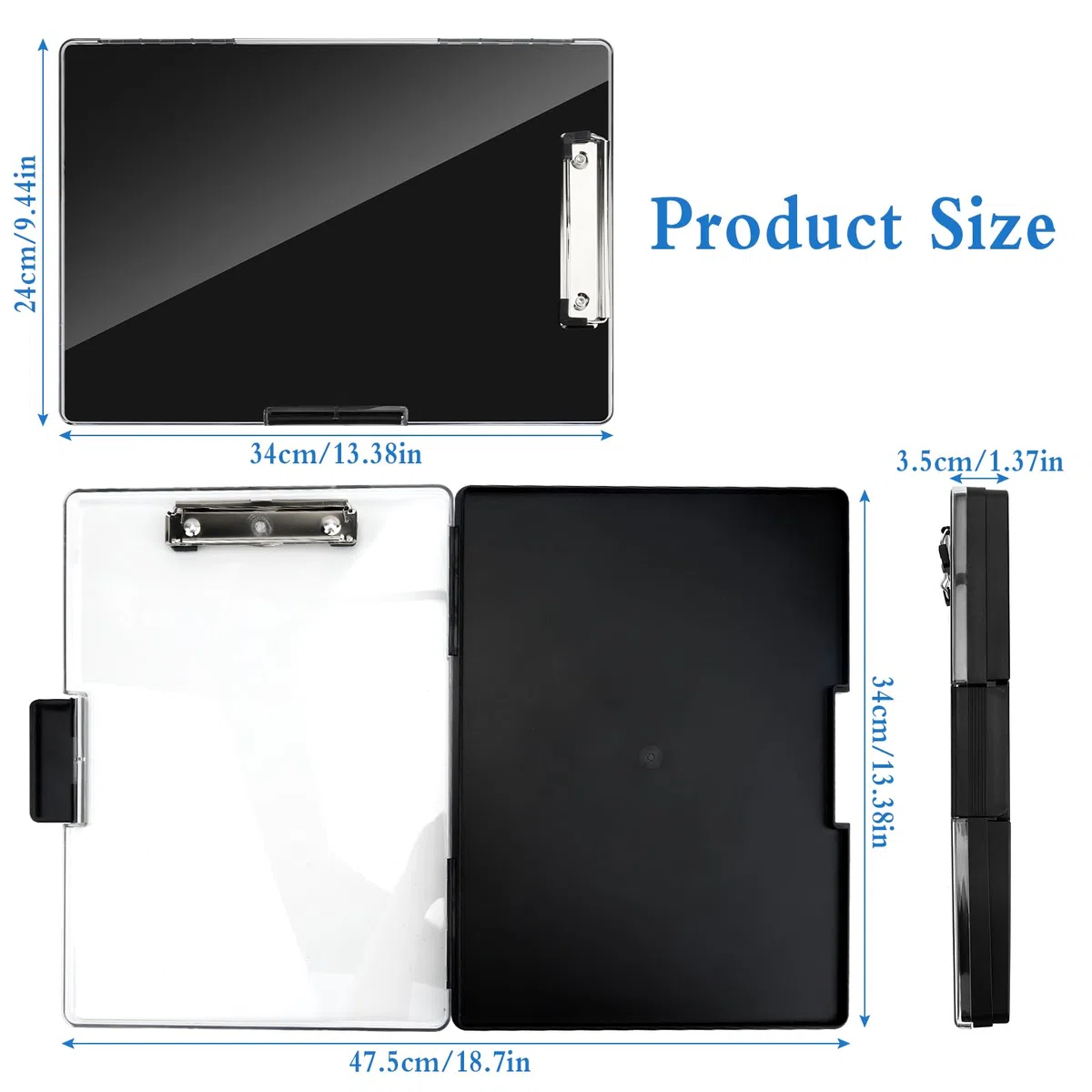 Dadabig Portablocco Portatile con Scomparto, Portablocco A4 con Vano Portaoggetti in Plastica Portablocchi in Plastica con Pinza per Scuola/Industria/Ufficio, Nero