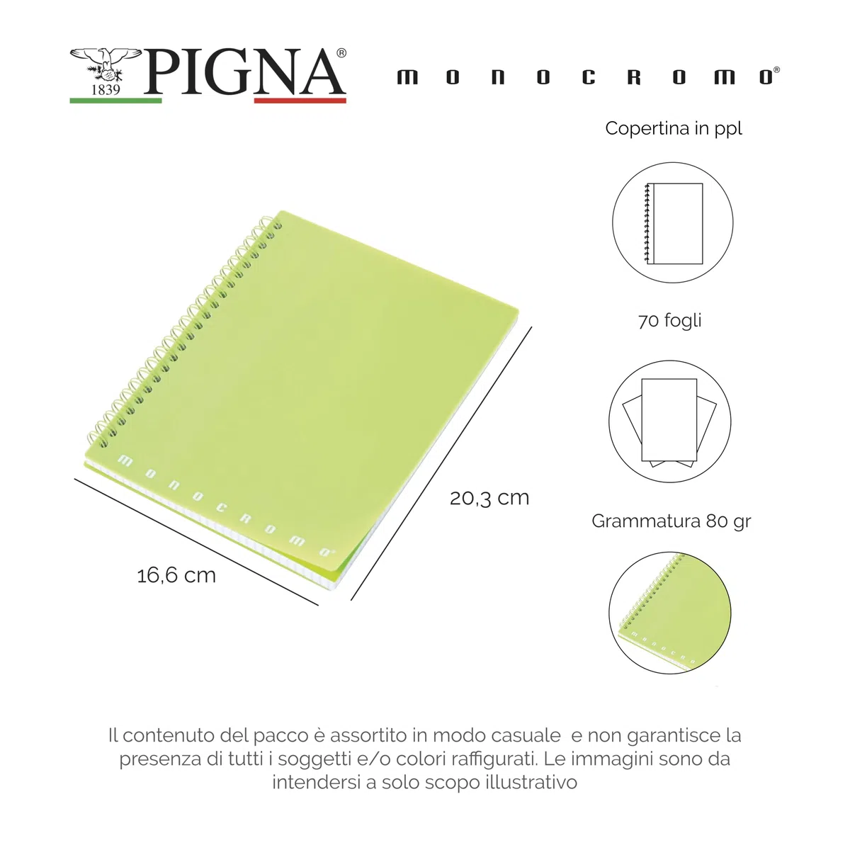 Pigna - Confezione 5 pezzi Quaderni A5 spiralati MONOCROMO FLUO PPL,quadretti 5mm